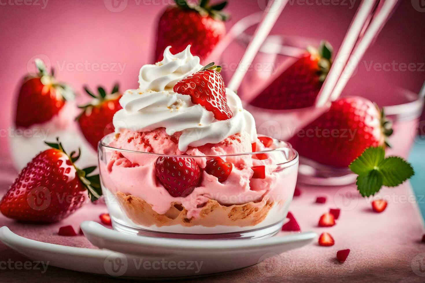 ice cream with strawberries and whipped cream. AI-Generated photo