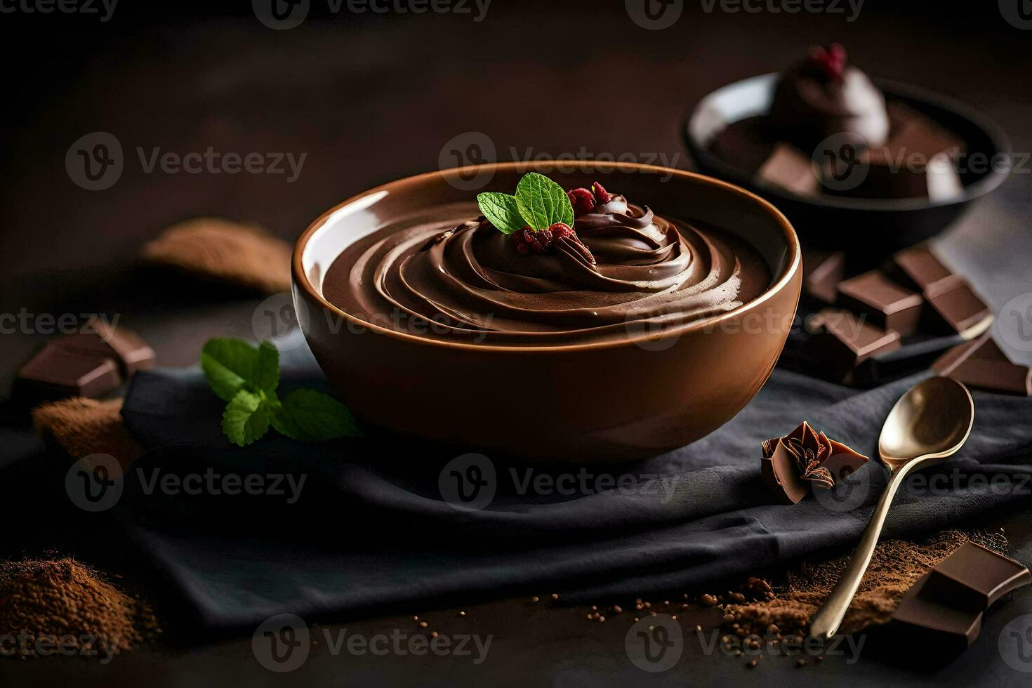 chocolate pudding in a bowl. AI-Generated photo