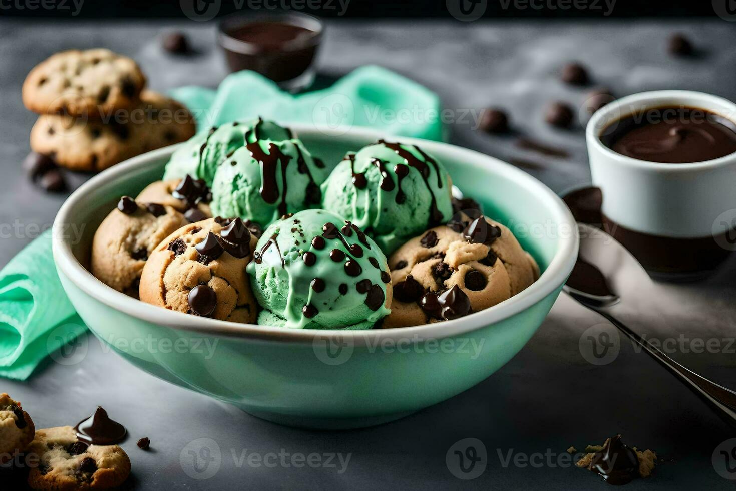 chocolate chip cookies and ice cream in a bowl. AI-Generated photo