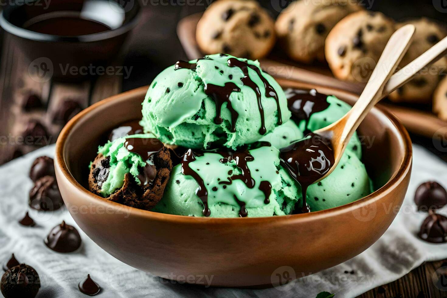 chocolate chip cookie ice cream in a bowl. AI-Generated photo