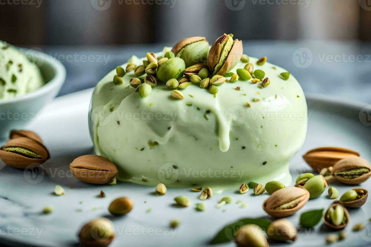 a bowl of pistachio ice cream with pistachio nuts on a plate. AI-Generated photo