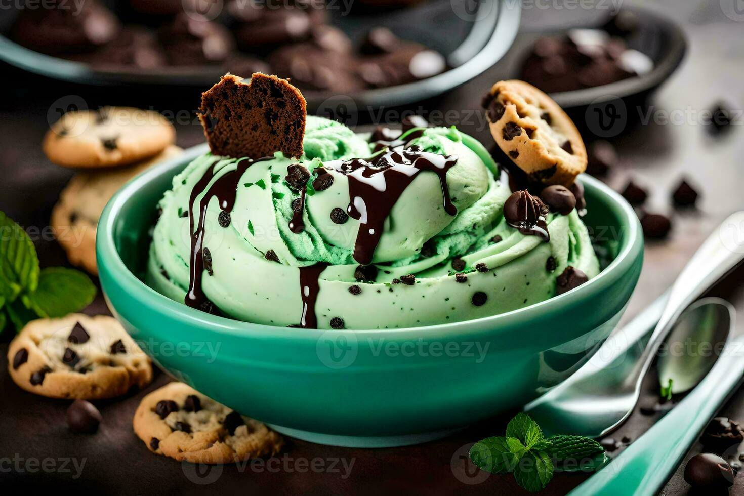 chocolate chip galletas y menta hielo crema en un bol. generado por ai foto