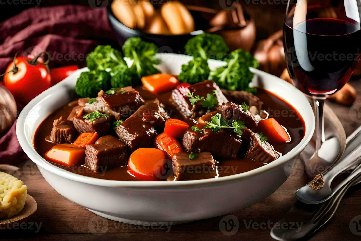 a bowl of beef stew with vegetables and a glass of red wine. AI-Generated photo