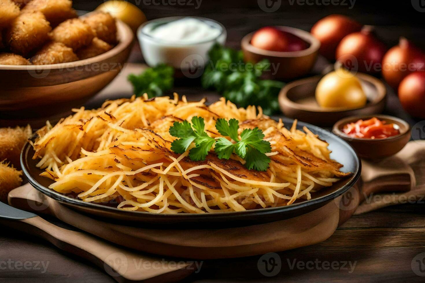 un plato de patata papas fritas con un lado de salsa. generado por ai foto