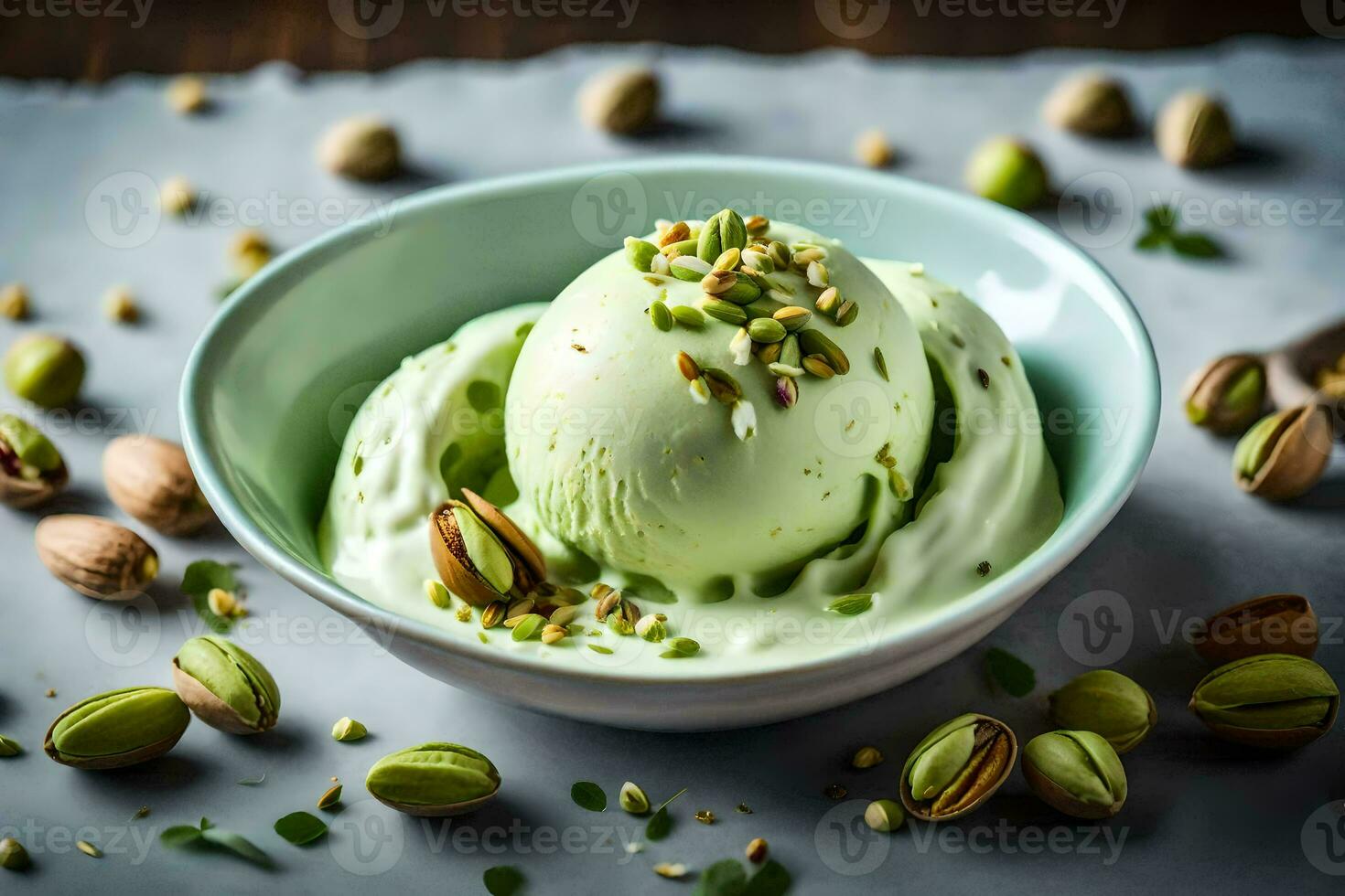 pistachio ice cream in a bowl with pistachios. AI-Generated photo