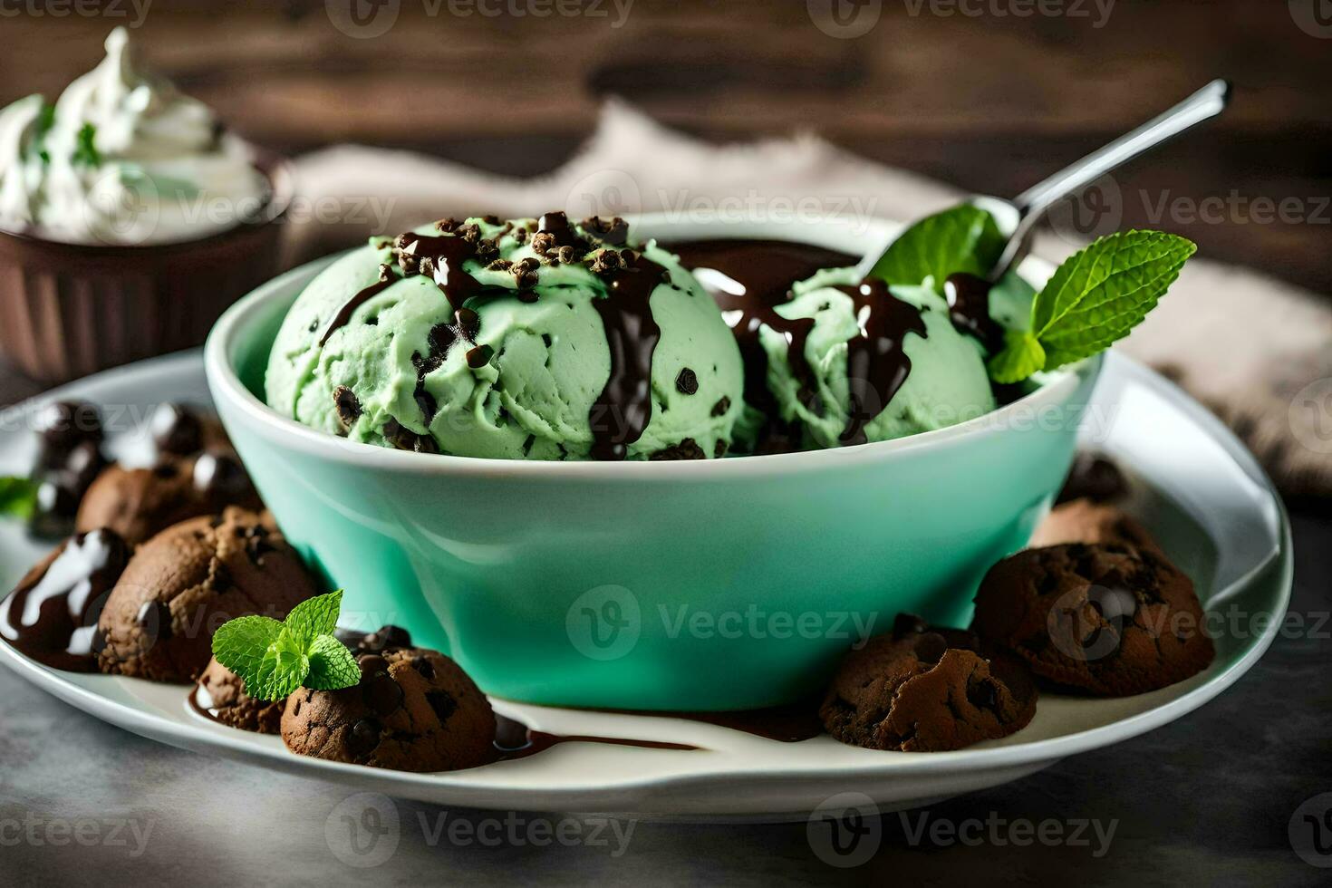 hielo crema con menta y chocolate papas fritas en un bol. generado por ai foto