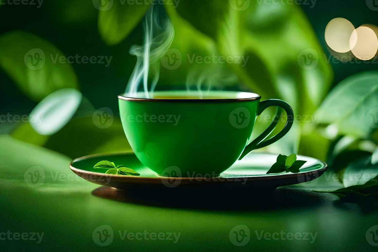 a cup of green tea with leaves on the table. AI-Generated photo