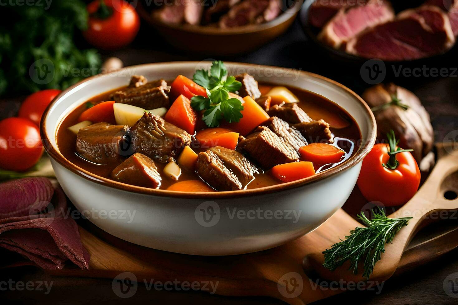 a bowl of beef stew with vegetables and meat. AI-Generated photo