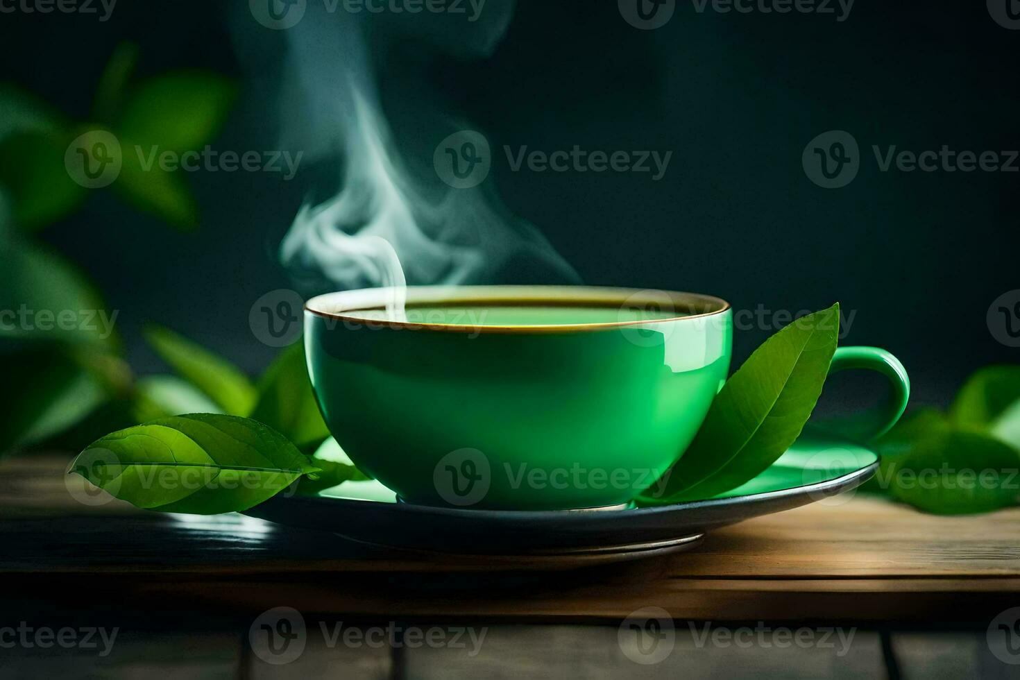 a cup of green tea with leaves on a wooden table. AI-Generated photo