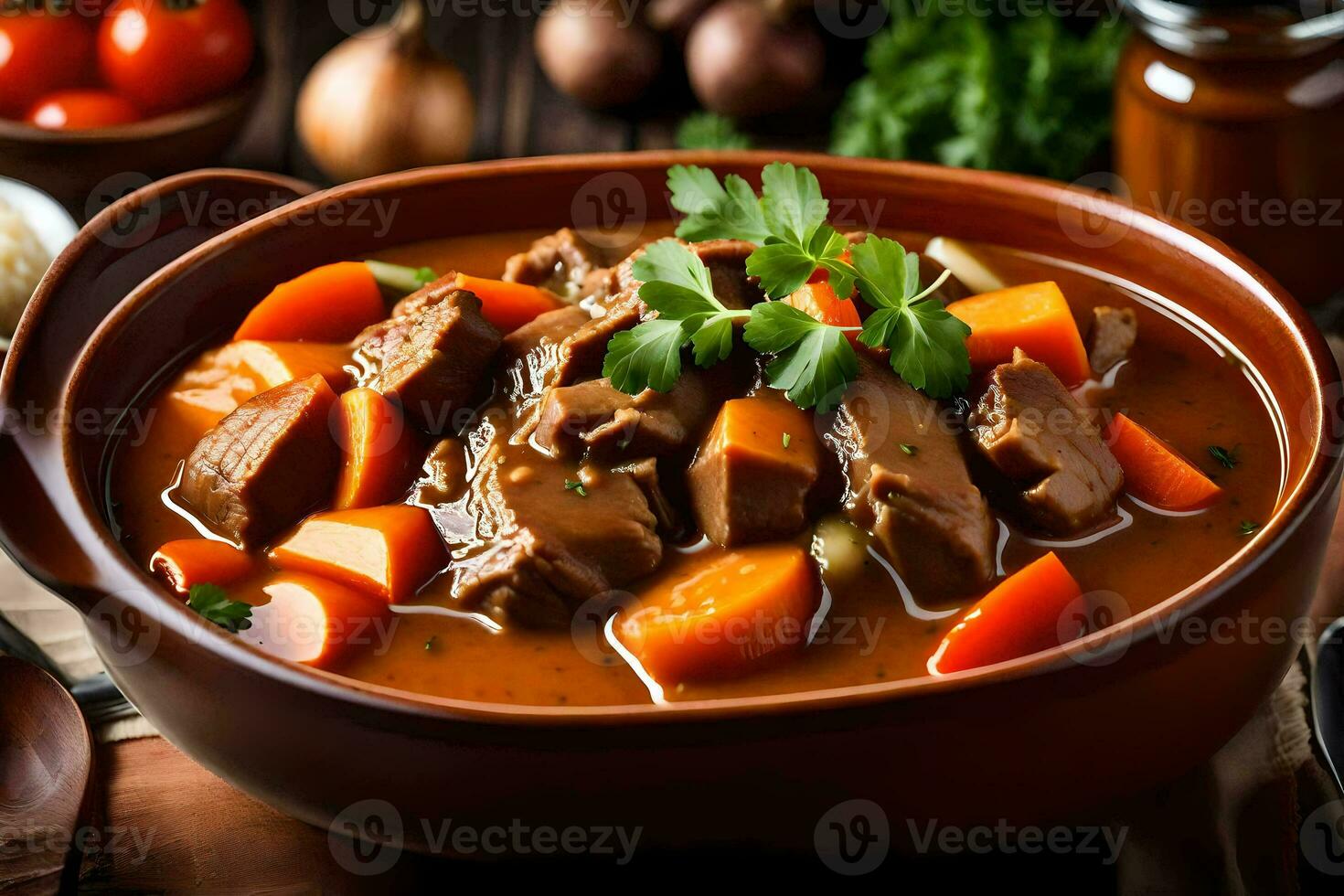 a bowl of beef stew with carrots and potatoes. AI-Generated photo