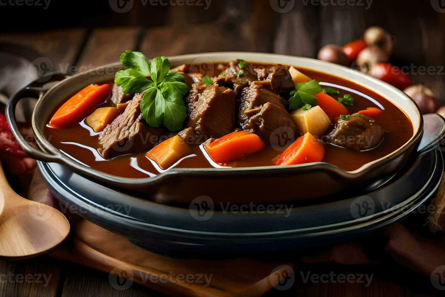 a bowl of beef stew with carrots and potatoes. AI-Generated photo