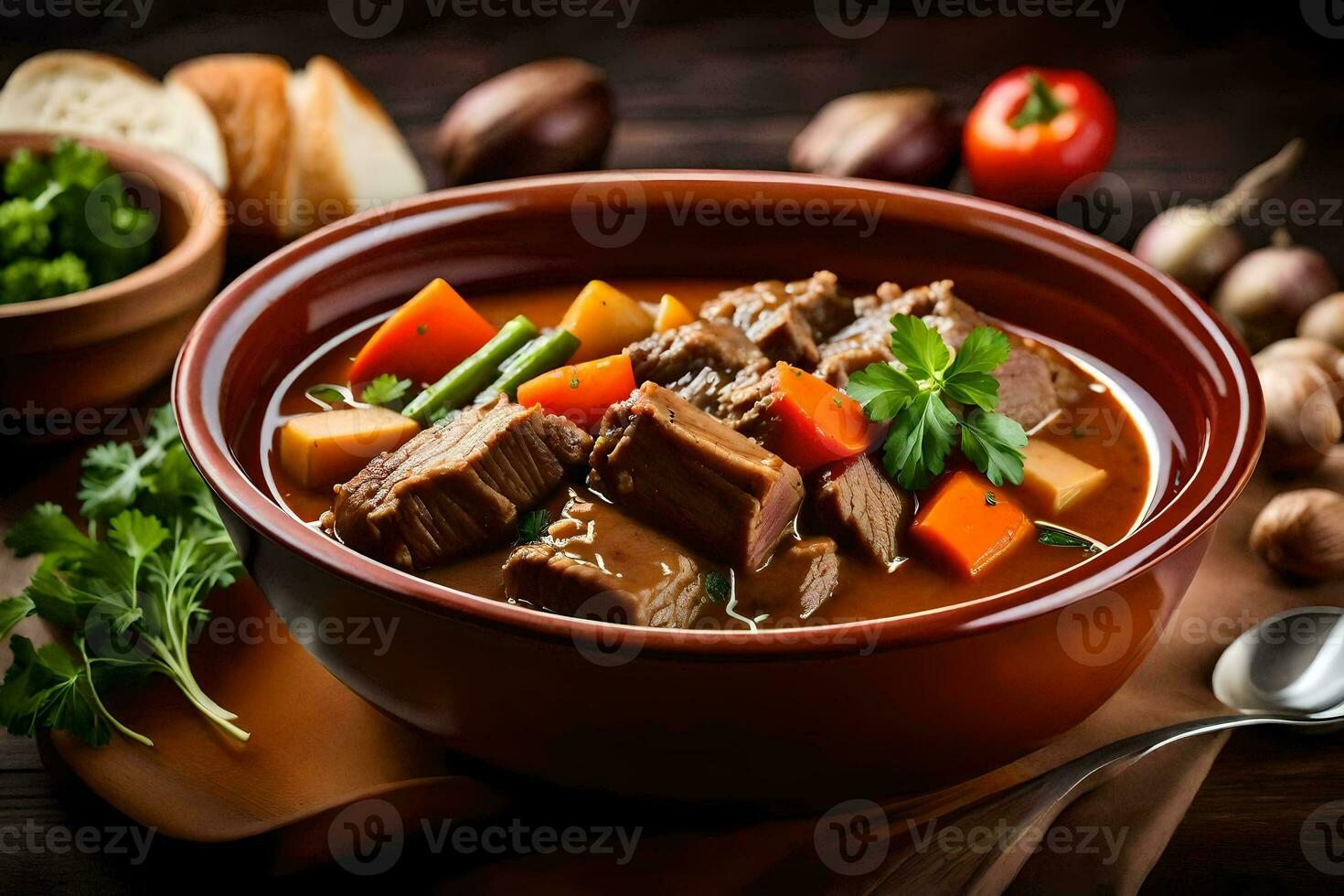 a bowl of beef stew with vegetables and bread. AI-Generated photo