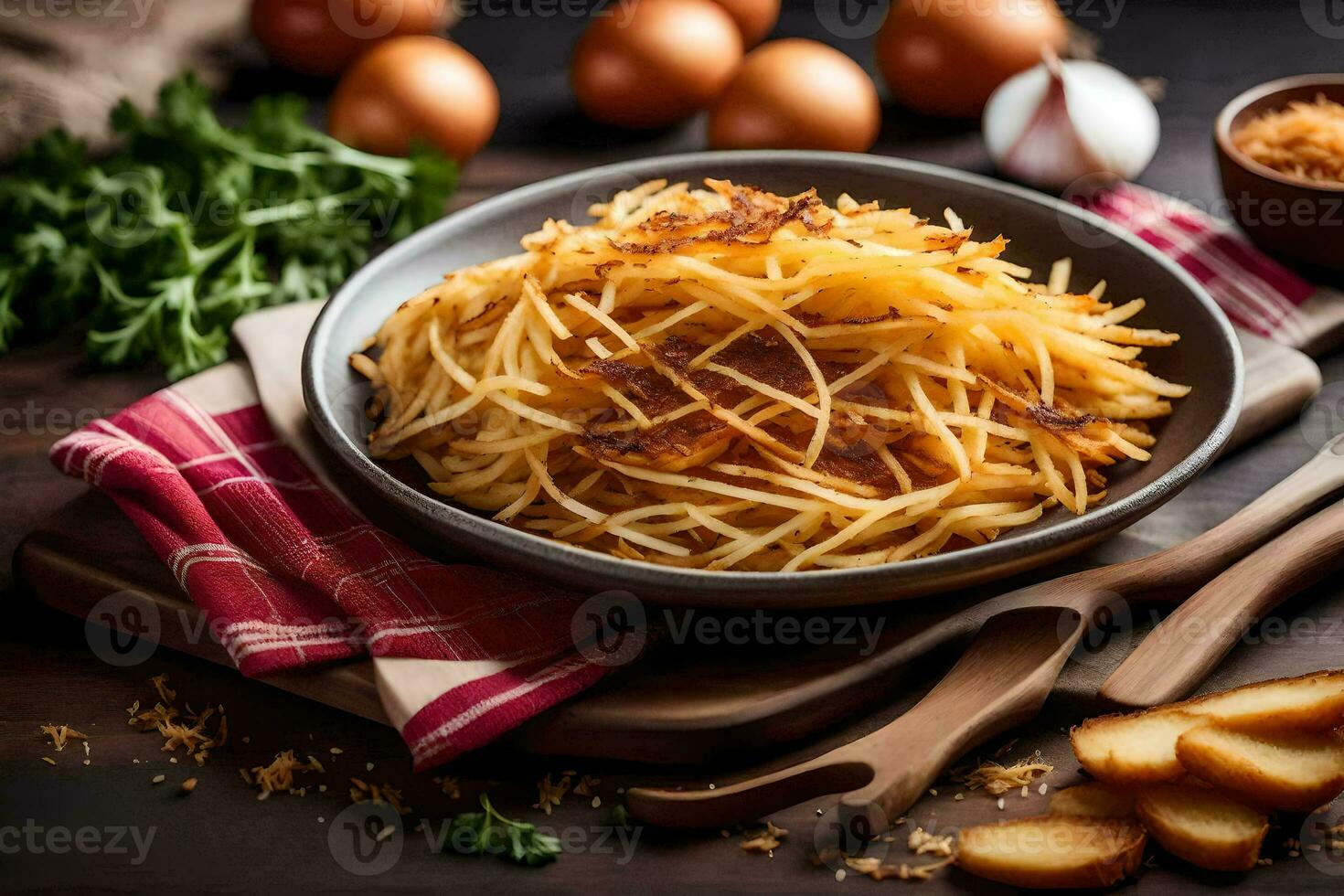 fried potatoes in a bowl with parsley and eggs on a wooden table. AI-Generated photo