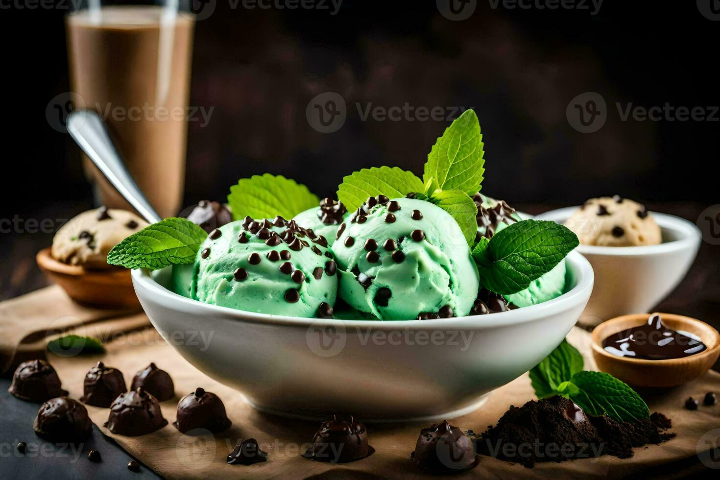 hielo crema con menta hojas y chocolate papas fritas en un bol. generado por ai foto