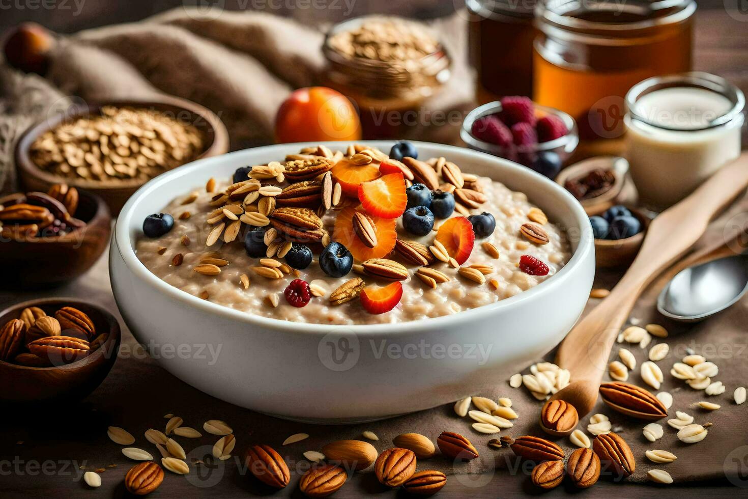 un cuenco de harina de avena con nueces y bayas. generado por ai foto