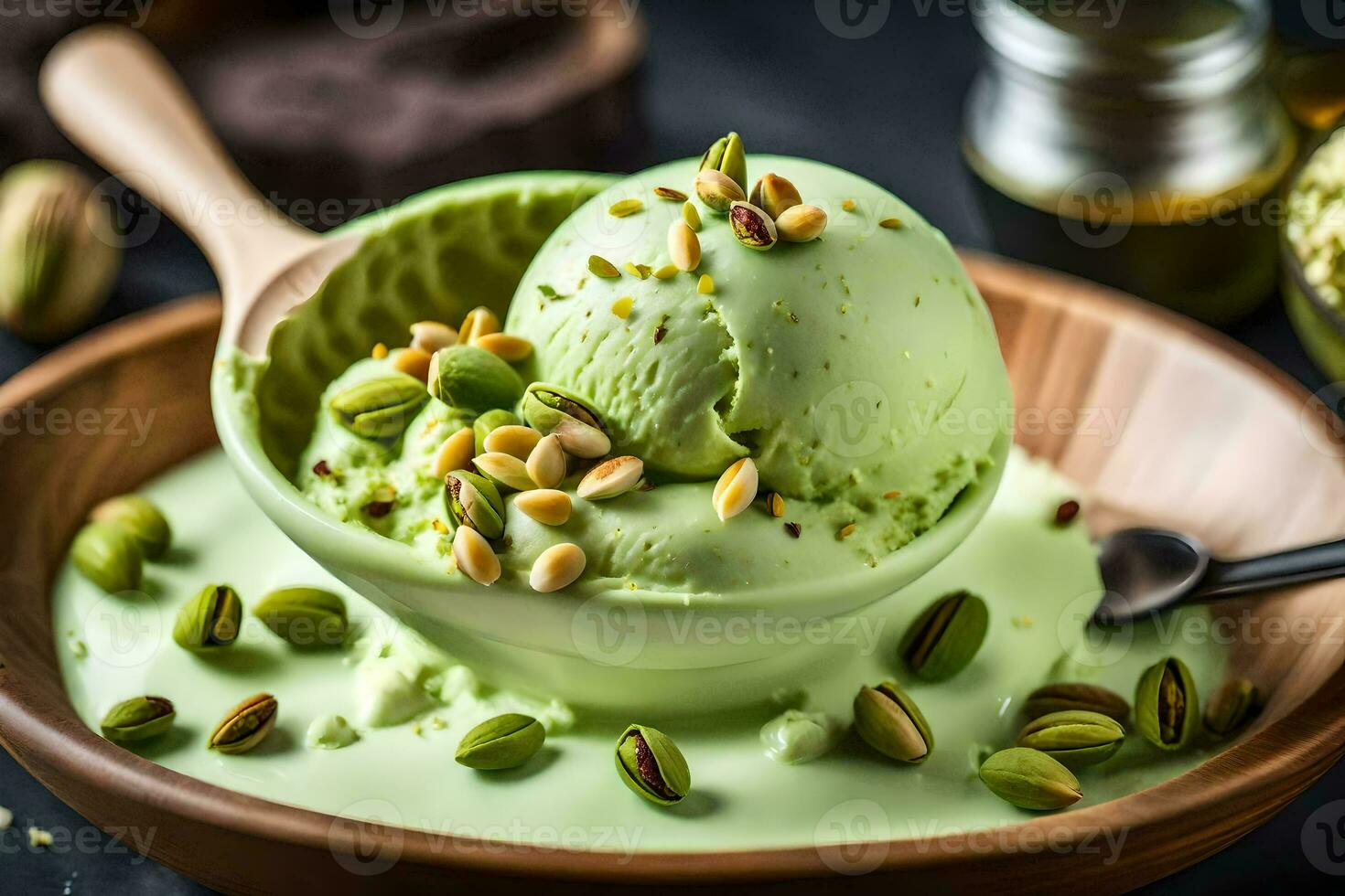 pistachio ice cream in a wooden bowl with pistachio nuts on a black background. AI-Generated photo