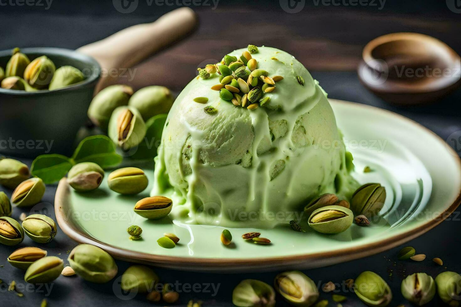 pistachio ice cream on a plate. AI-Generated photo