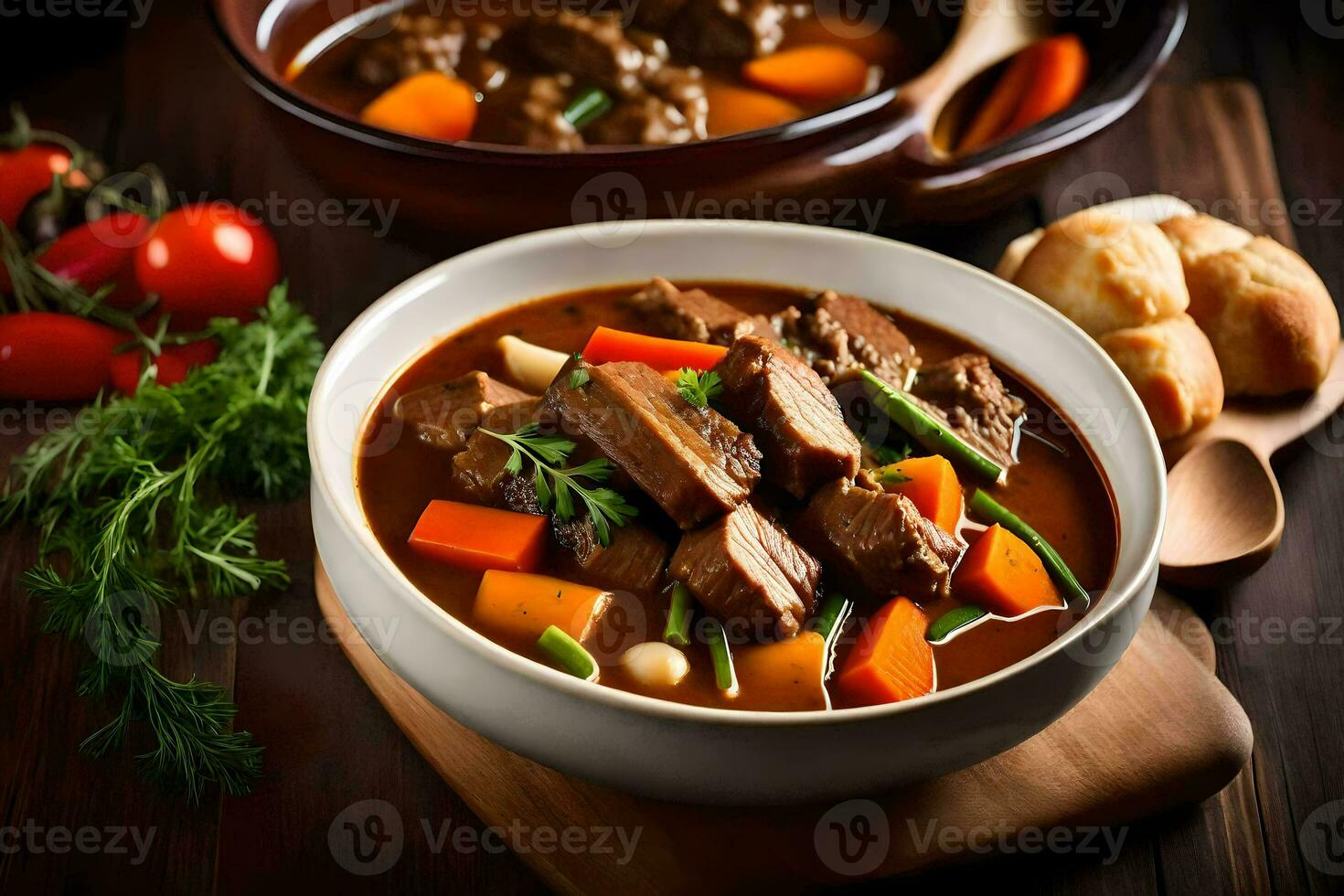 beef stew with vegetables and bread. AI-Generated photo