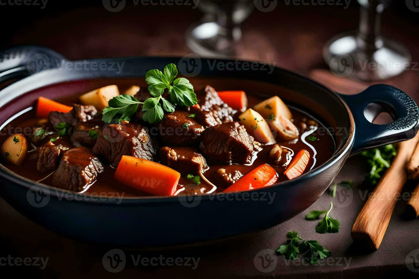 a bowl of beef stew with carrots and herbs. AI-Generated photo