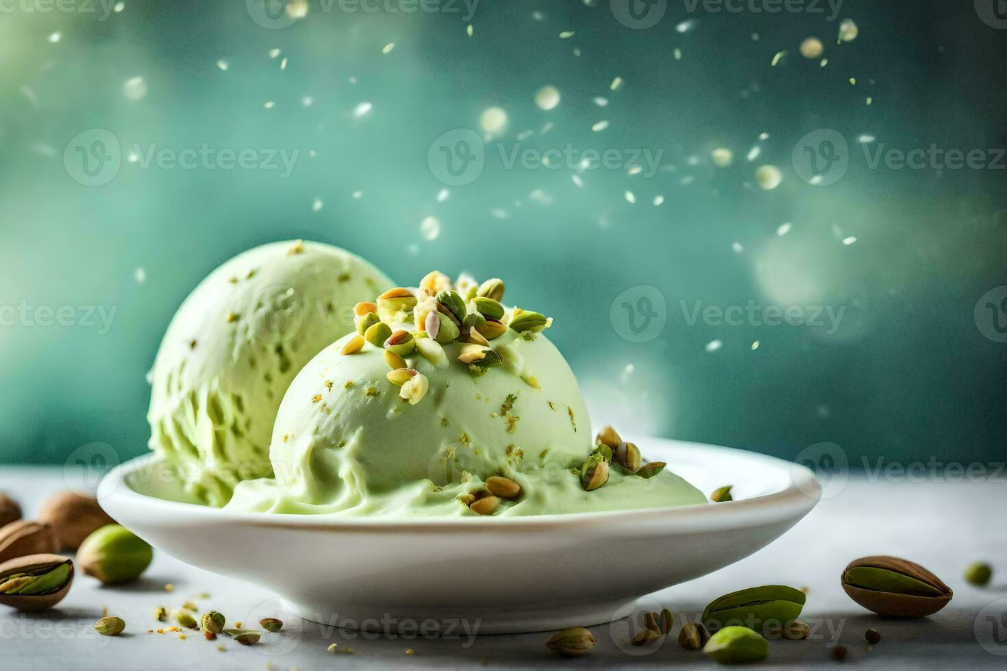 pistachio ice cream in a bowl with pistachios. AI-Generated photo