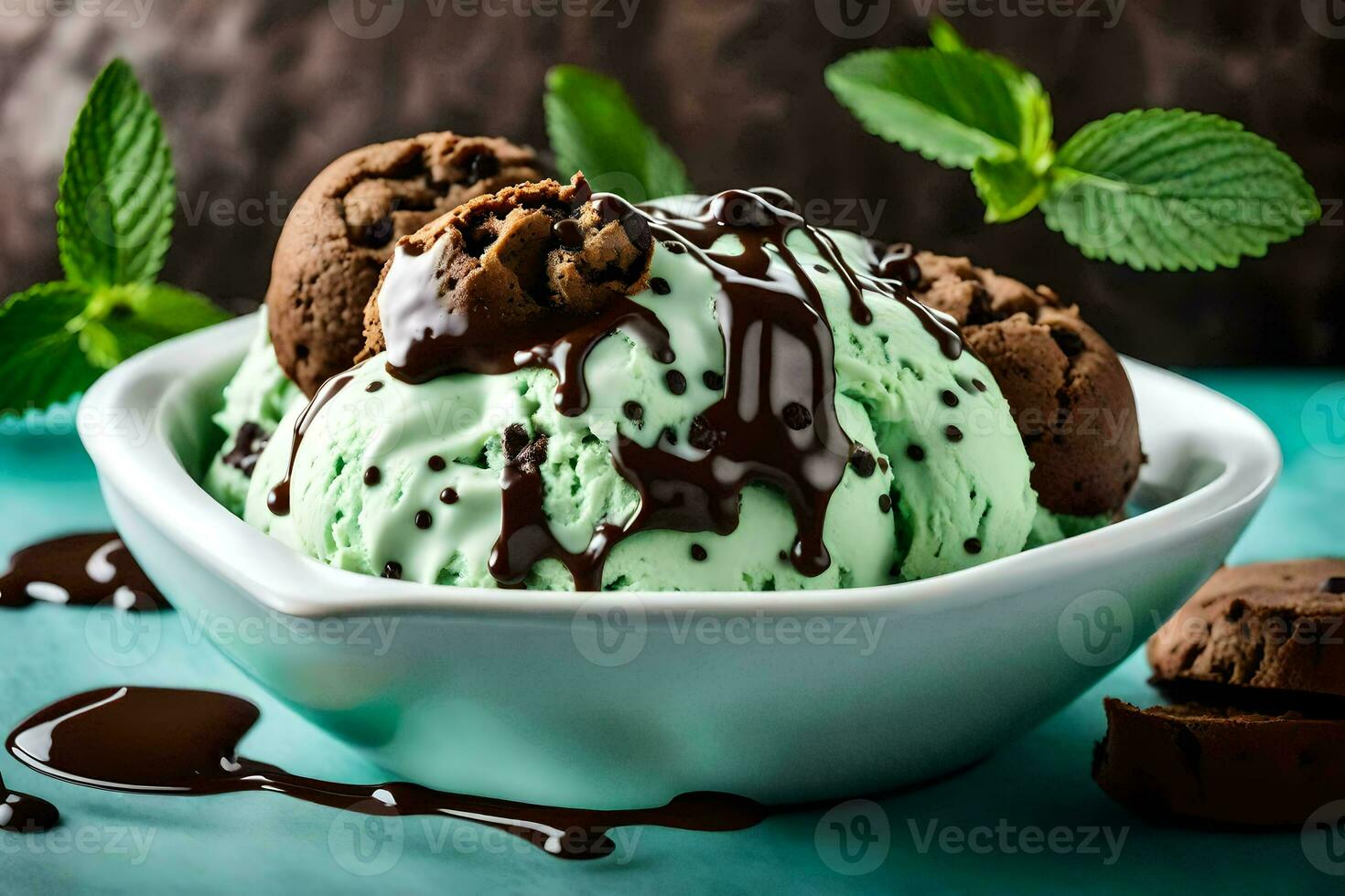 ice cream with chocolate cookie and mint leaves. AI-Generated photo