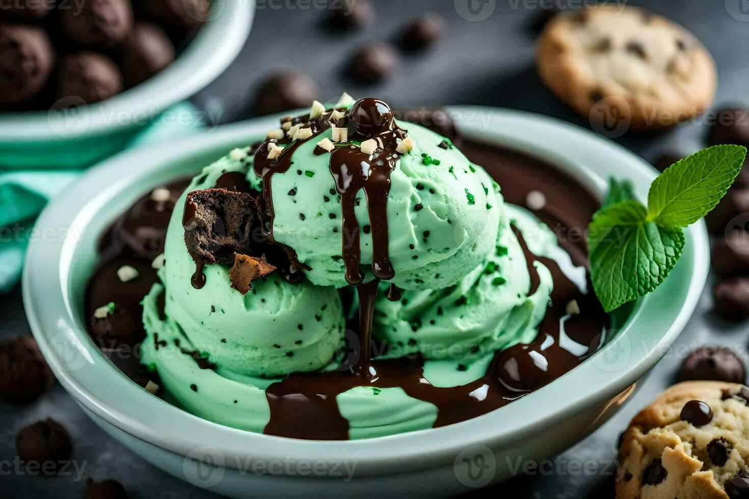 mint chocolate chip ice cream in a bowl with chocolate chips. AI-Generated photo