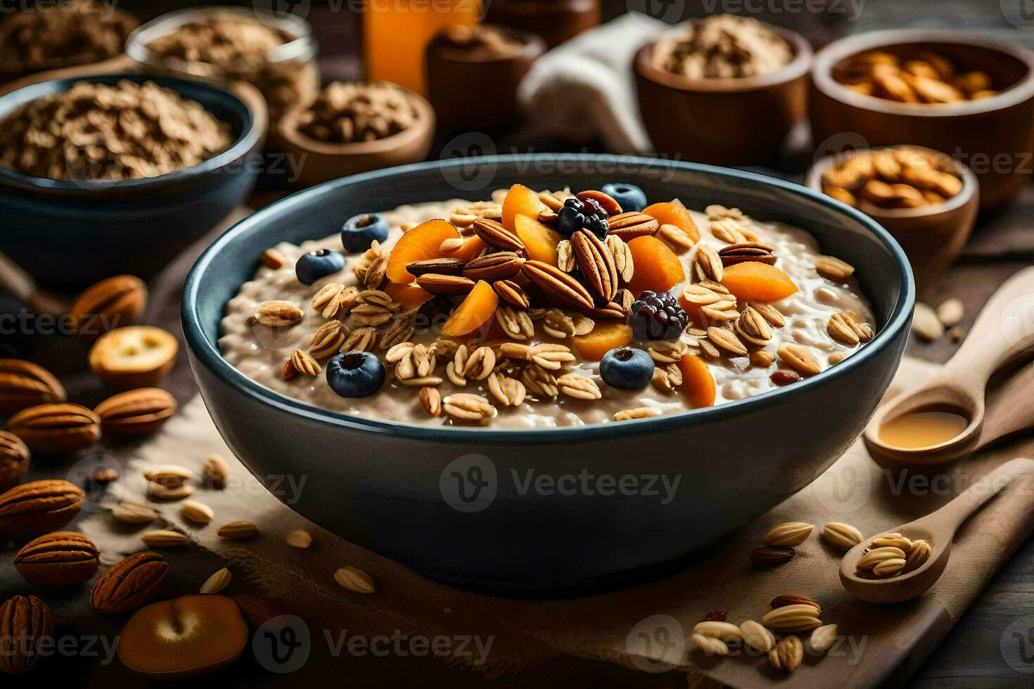 un cuenco de harina de avena con nueces y bayas. generado por ai foto