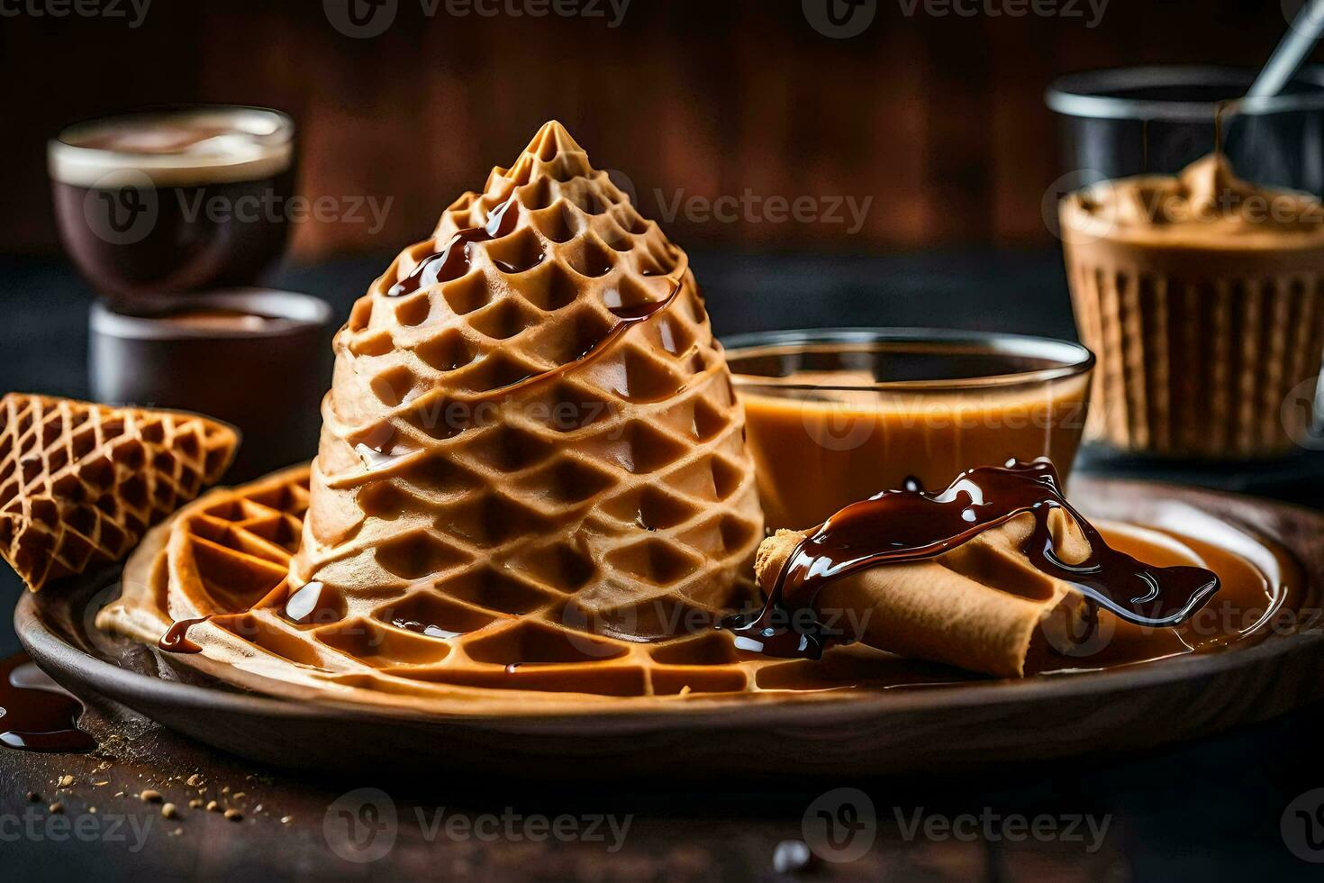 un gofre cono con caramelo y café en un de madera mesa. generado por ai foto