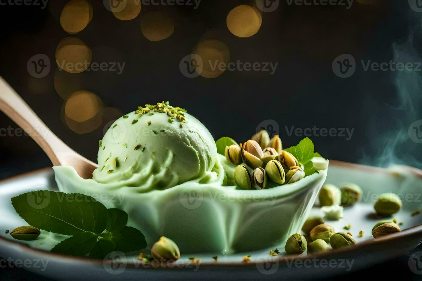 pistachio ice cream in a bowl with pistachio leaves and a wooden spoon. AI-Generated photo