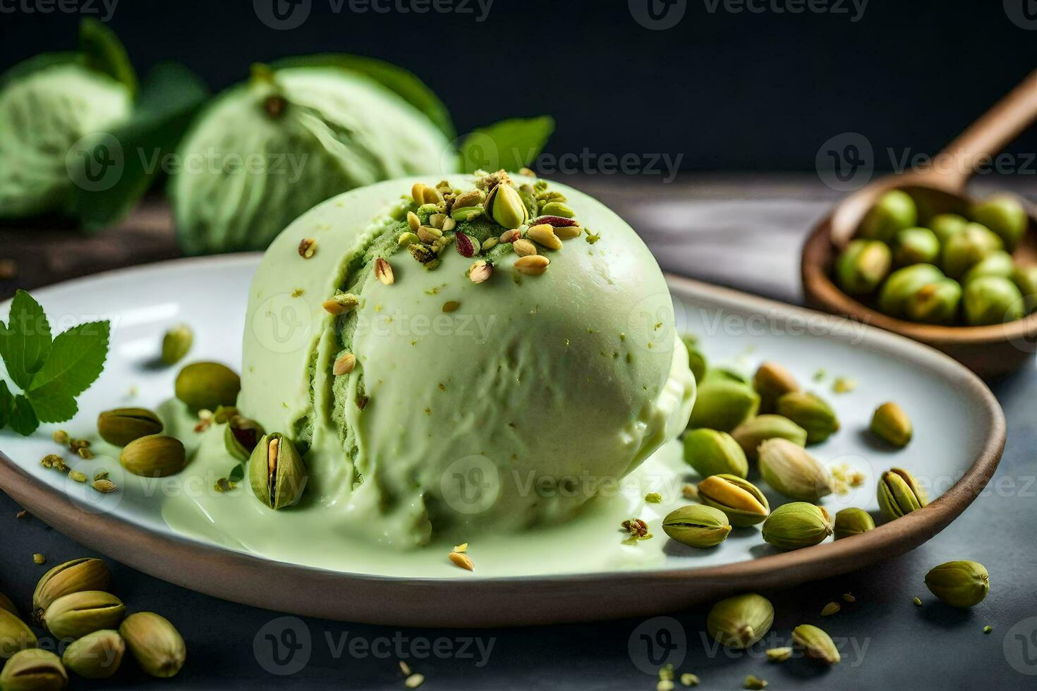 pistachio ice cream with pistachio nuts on a plate. AI-Generated photo