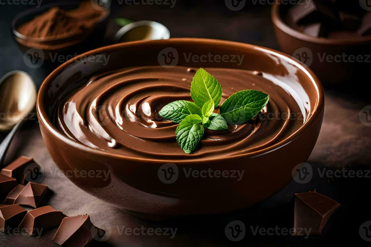 chocolate pudding with mint leaves. AI-Generated photo