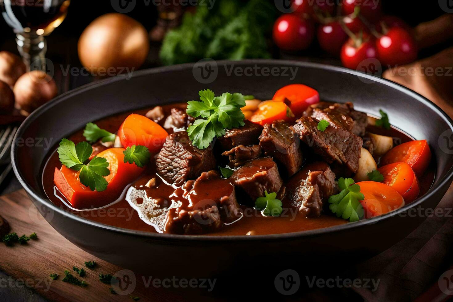 beef stew in a black bowl with carrots and parsley. AI-Generated photo