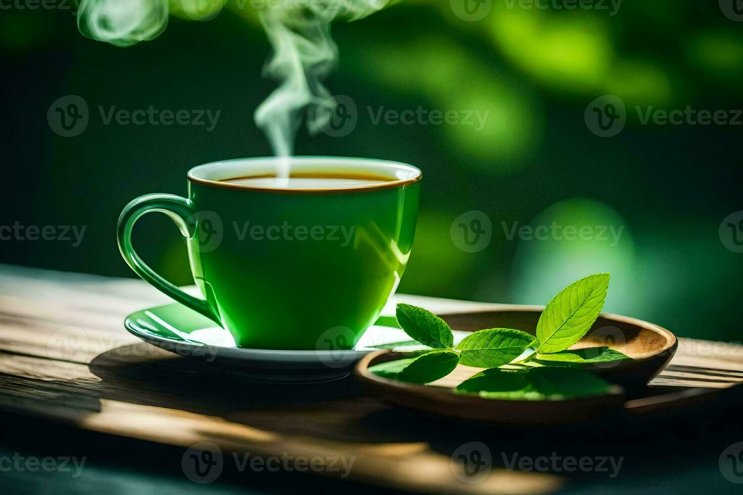 a cup of tea with a leaf on the table. AI-Generated photo