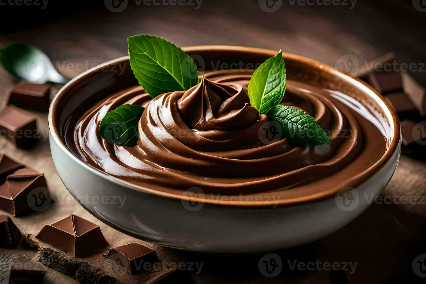 chocolate pudding in a bowl. AI-Generated photo