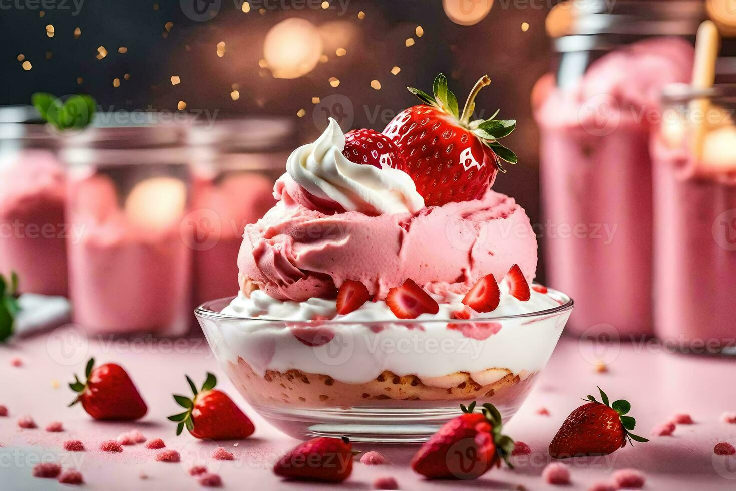 a strawberry ice cream sundae with whipped cream and strawberries. AI-Generated photo