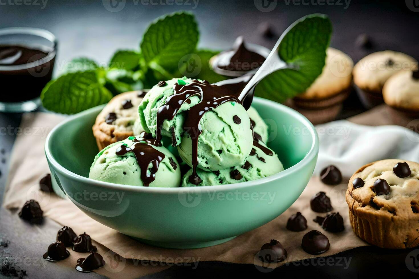 chocolate mint ice cream in a bowl with chocolate chips and mint leaves. AI-Generated photo