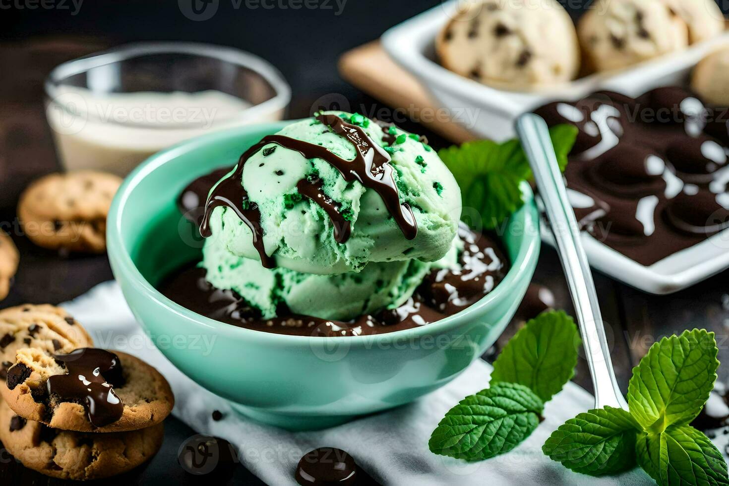 chocolate hielo crema con menta y galletas. generado por ai foto