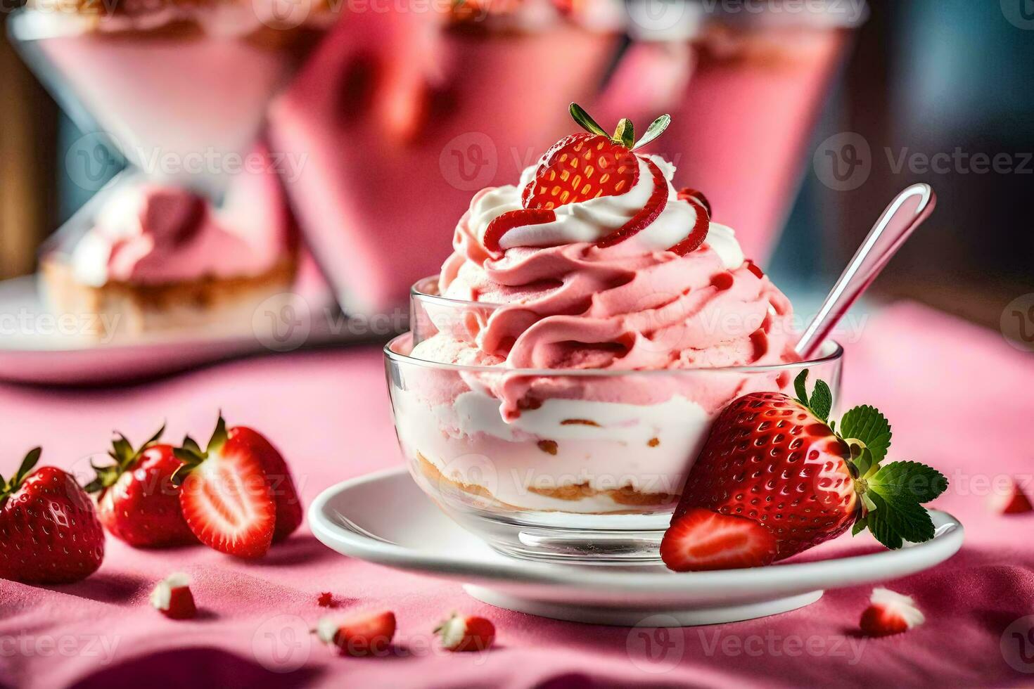 a dessert with strawberries and whipped cream. AI-Generated photo