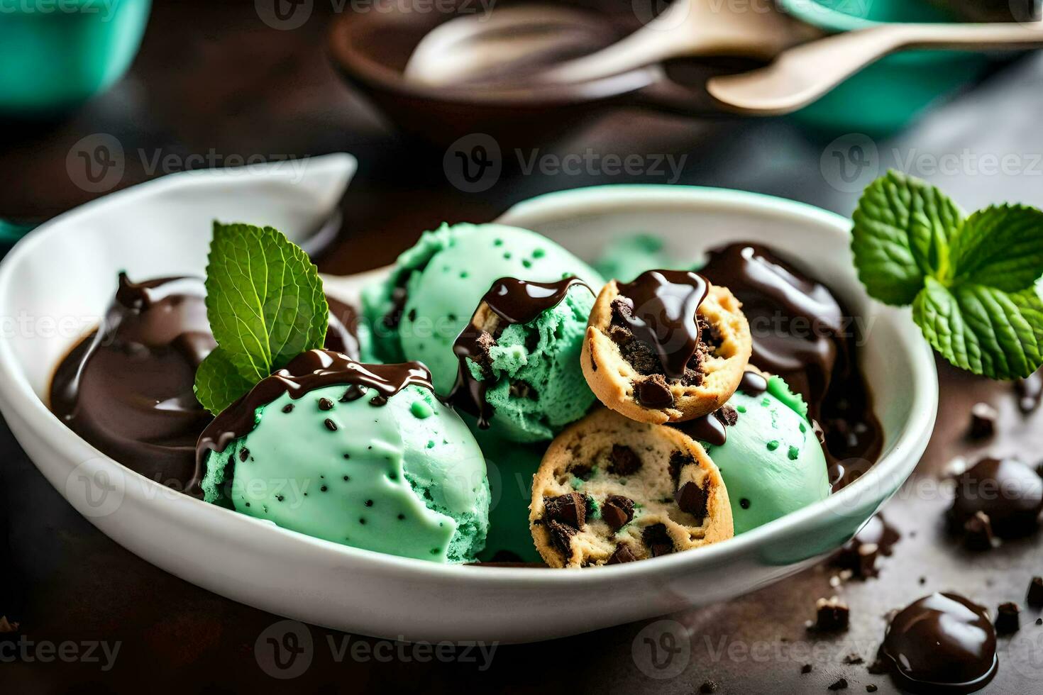 chocolate ice cream with mint and cookies in a bowl. AI-Generated photo