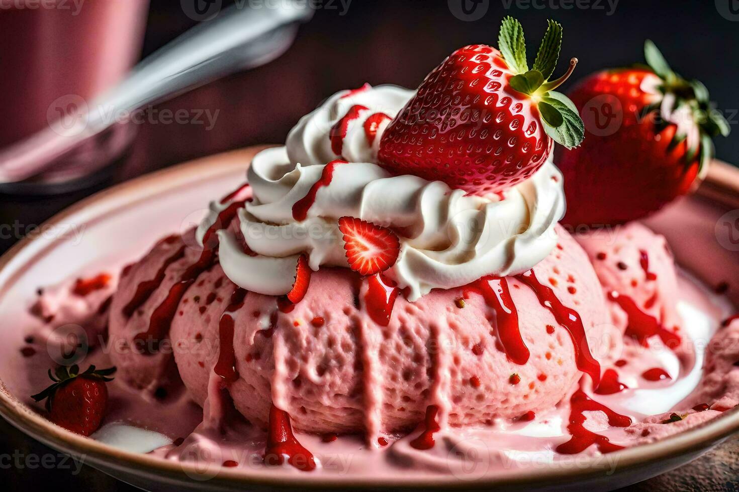 a bowl of ice cream with strawberries and whipped cream. AI-Generated photo