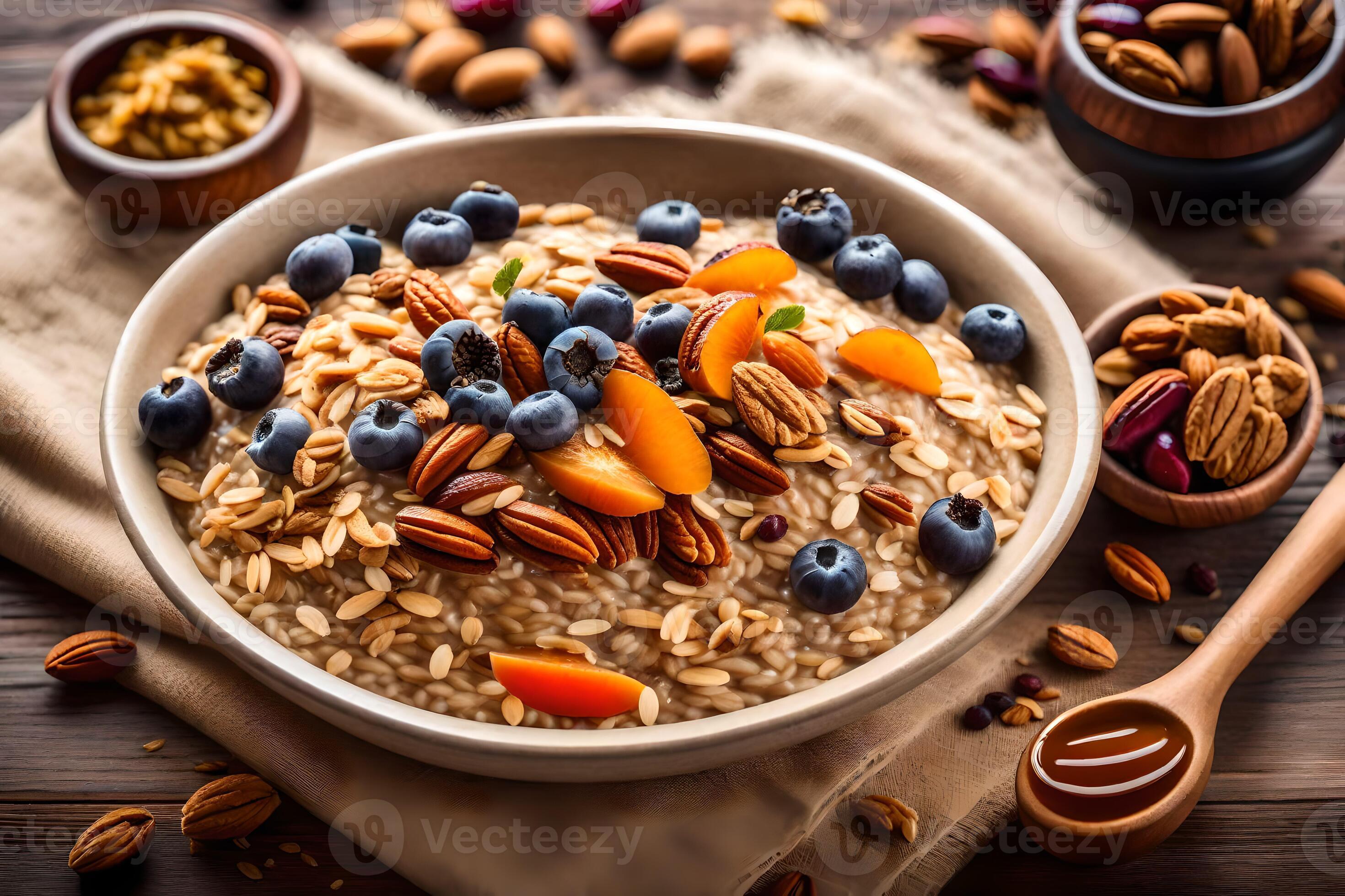 oatmeal with blueberries, peaches and nuts in a bowl. AIGenerated