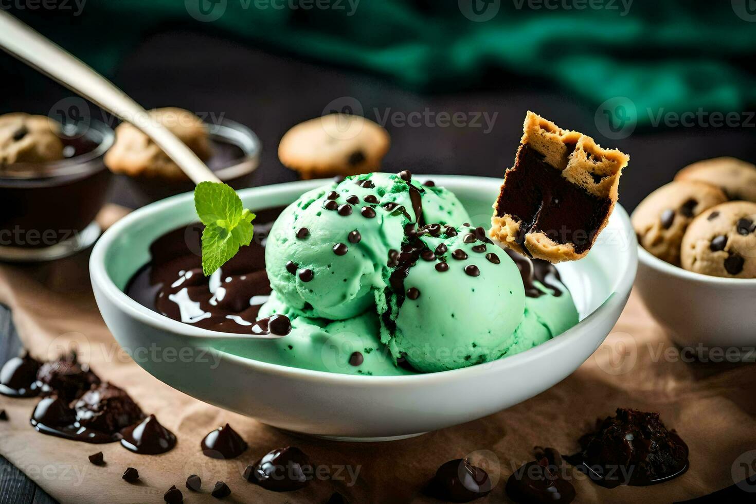 chocolate chip cookie ice cream in a bowl with mint leaves. AI-Generated photo