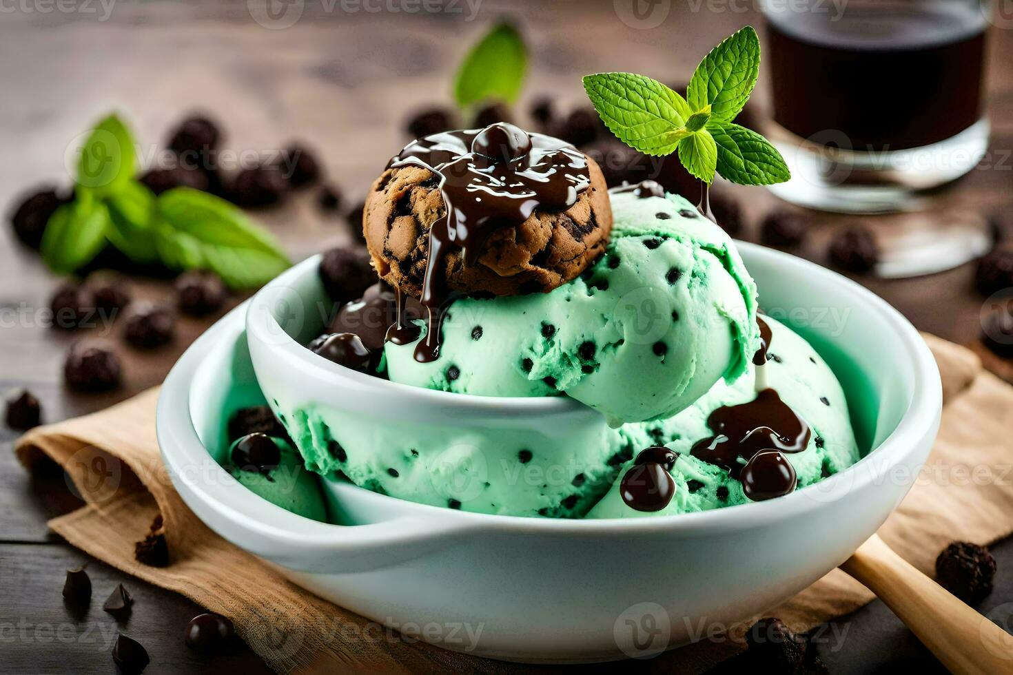 ice cream with chocolate chips and mint leaves in a bowl. AI-Generated photo