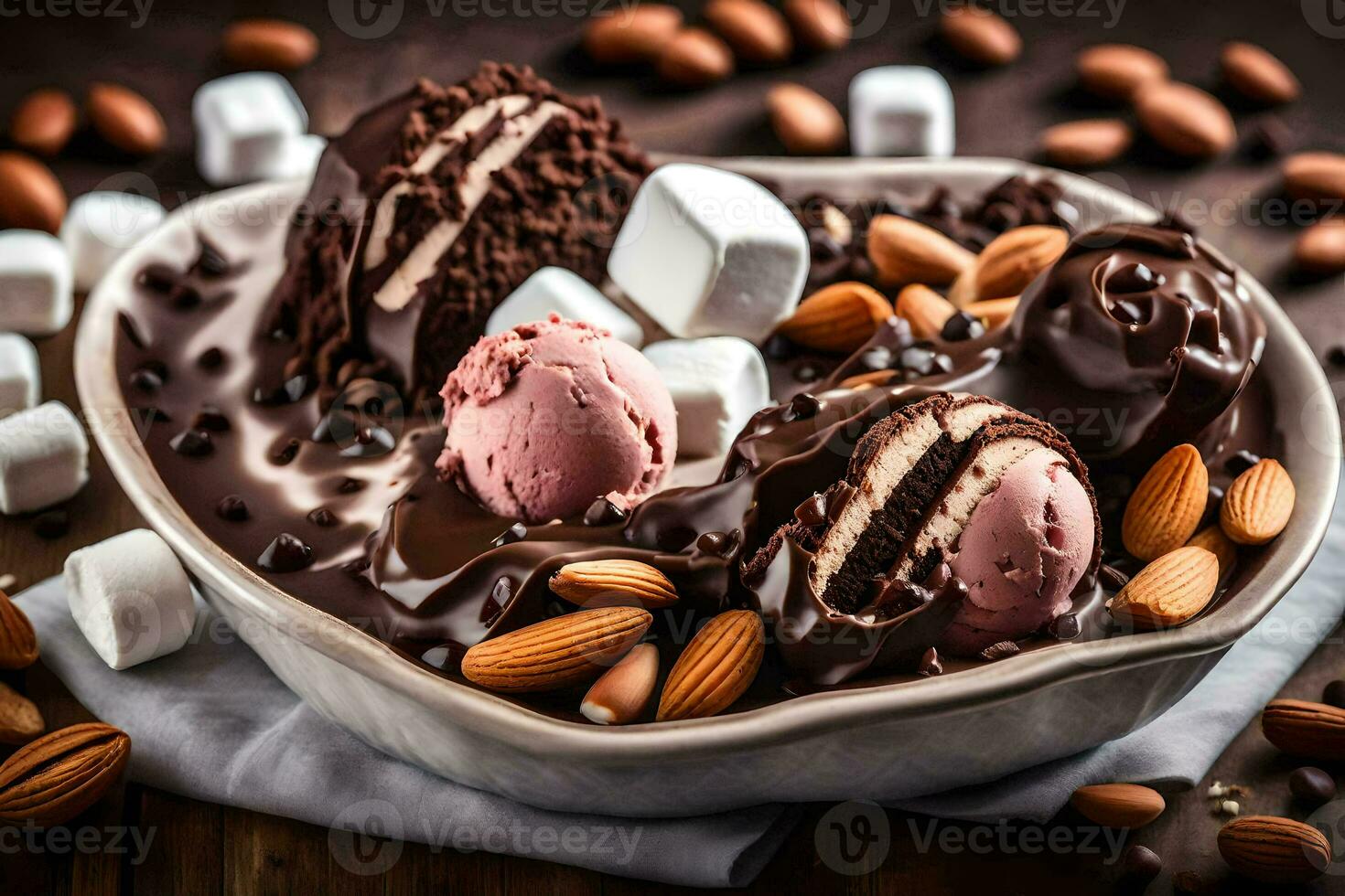 chocolate ice cream with almonds and marshmallows in a heart shape. AI-Generated photo