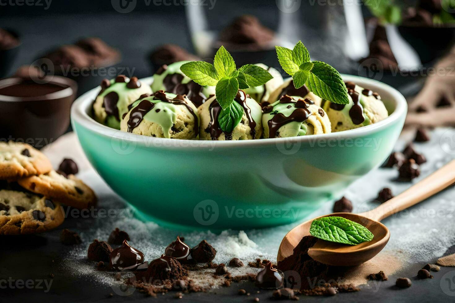 chocolate mint ice cream in a bowl with cookies and mint leaves. AI-Generated photo