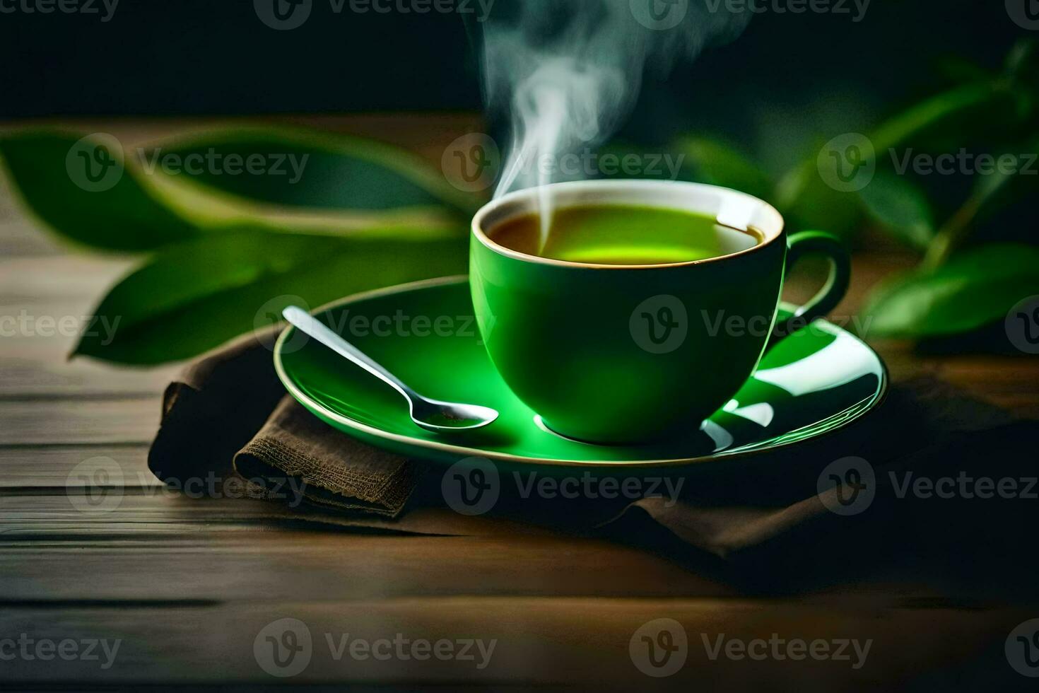 a cup of green tea on a wooden table. AI-Generated photo