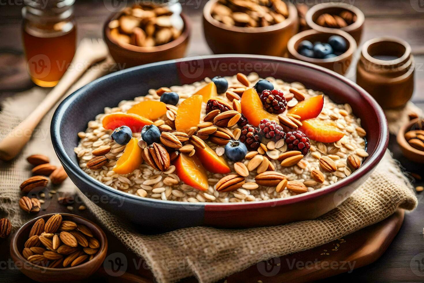oatmeal with peaches and blueberries in a bowl. AI-Generated photo