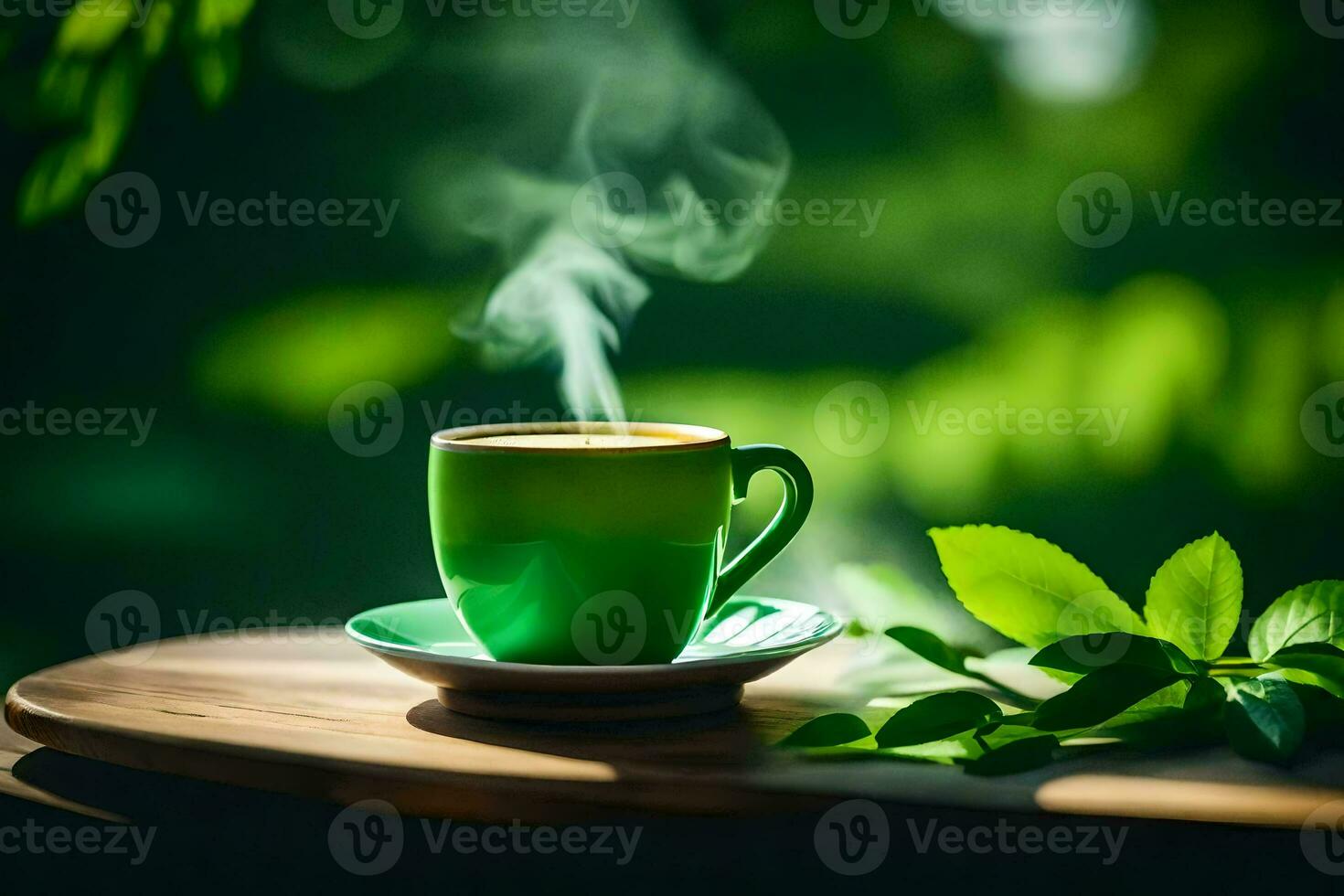 a cup of green tea on a wooden table. AI-Generated photo