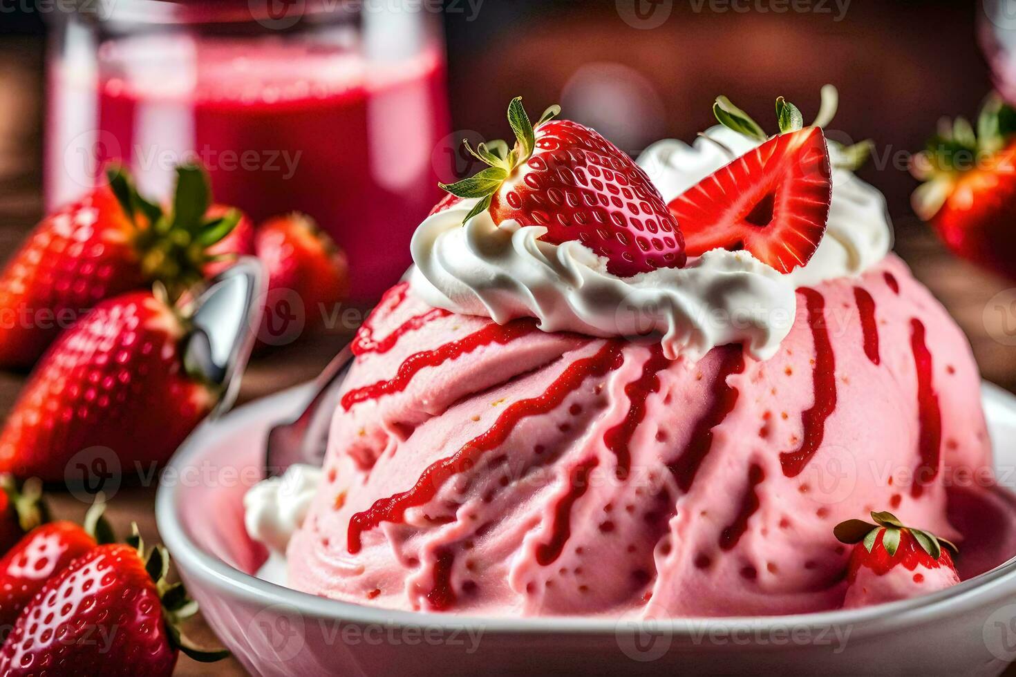 a bowl of ice cream with strawberries. AI-Generated photo