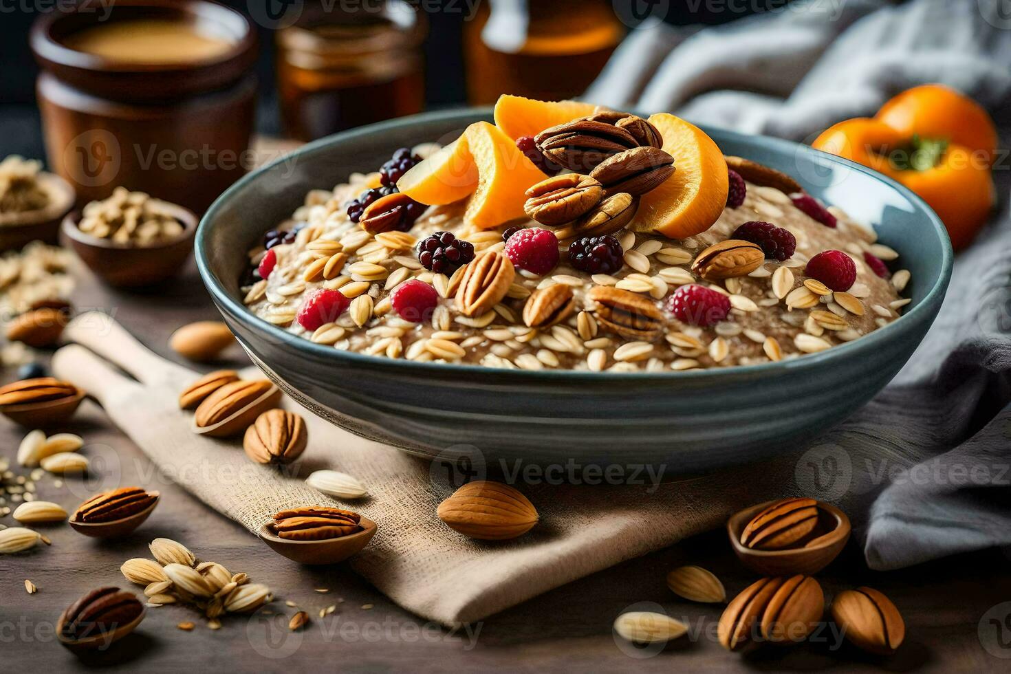 harina de avena con nueces y seco Fruta en un bol. generado por ai foto